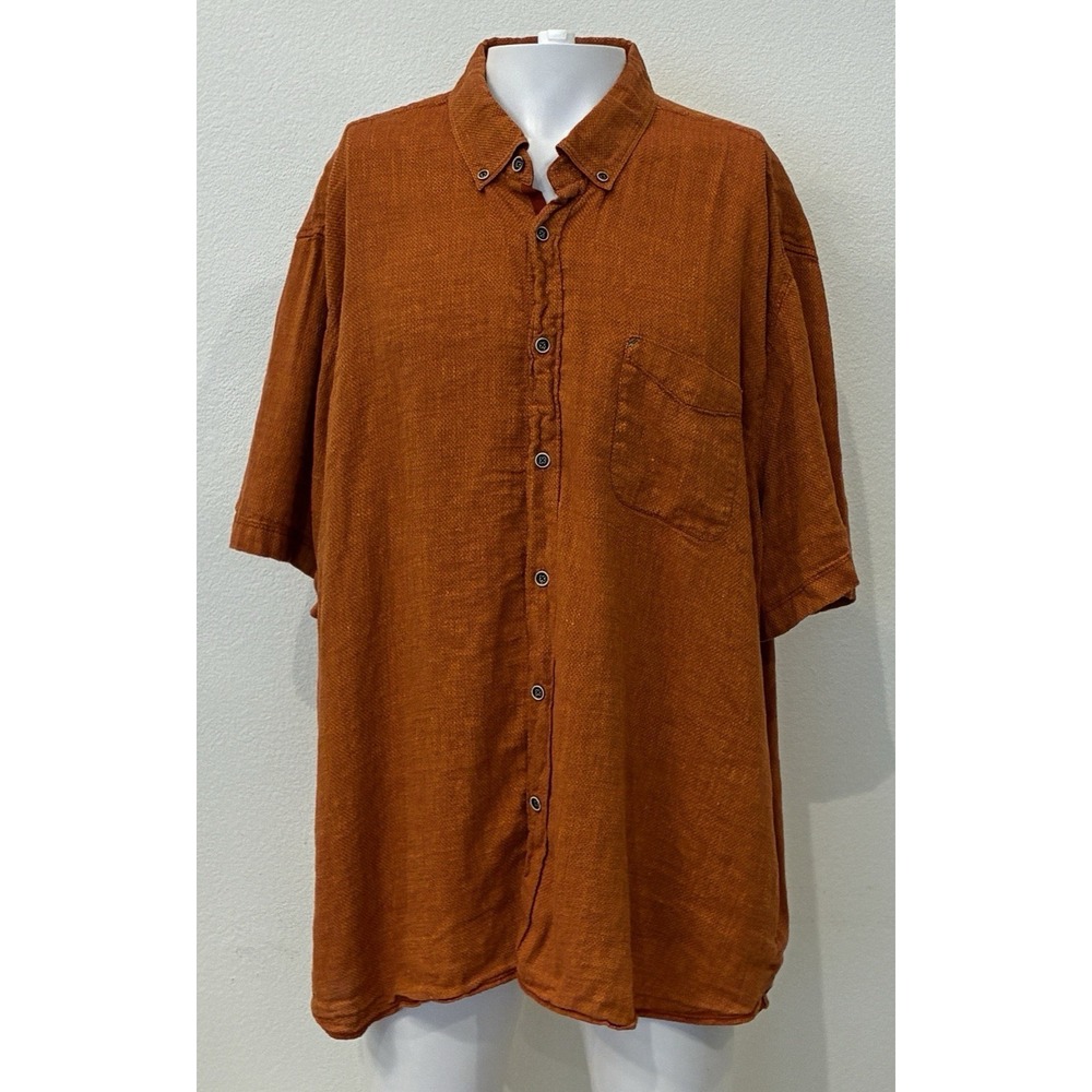 32 Bar Blues Mens XXXL Burnt Orange Linen Cotton Short Sleeve Button Down Shirt